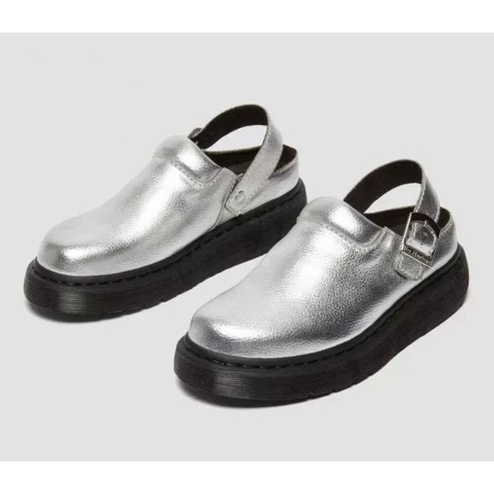 Dr Martens Laketen Men 9 / Women 10 Silver Leather Slingback Platform Clogs NEW